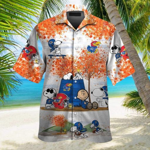 Kansas Jayhawks Snoopy Autumn Short Sleeve Button Up Tropical Hawaiian Shirt