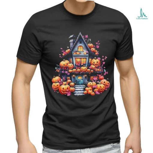 Kawaii Halloween Haunted House With Pumpkin And Flowers T Shirt