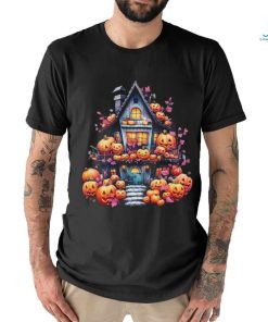 Kawaii Halloween Haunted House With Pumpkin And Flowers T Shirt