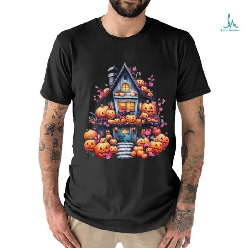 Kawaii Halloween Haunted House With Pumpkin And Flowers T Shirt