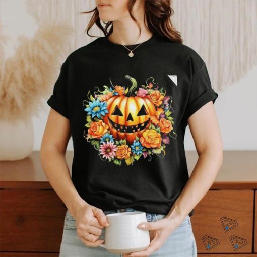 Kawaii Halloween Jack O Lantern With Pumpkin And Flowers T Shirt