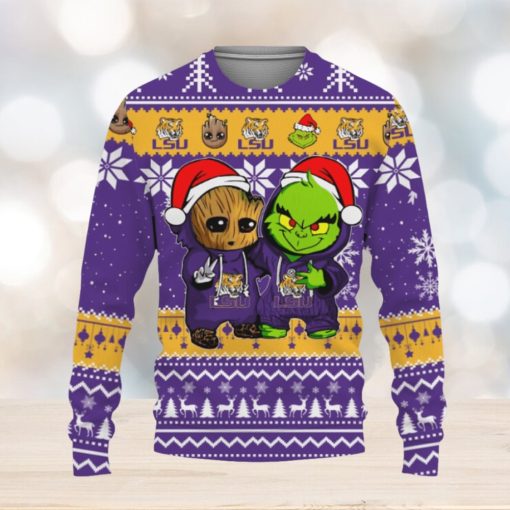 LSU Tigers Baby Groot And Grinch Best Friends Football American Knitted Xmas Sweater