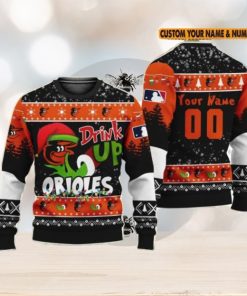 MLB Grinch Drink Up Baltimore Orioles Custom Name And Number Ugly Christmas Sweater Christmas Gift