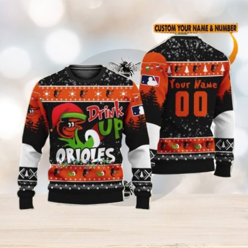 MLB Grinch Drink Up Baltimore Orioles Custom Name And Number Ugly Christmas Sweater Christmas Gift