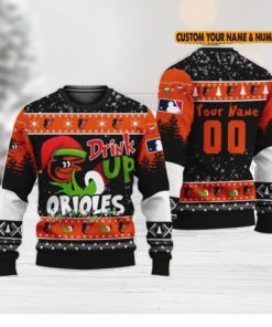 MLB Grinch Drink Up Baltimore Orioles Custom Name And Number Ugly Christmas Sweater Christmas Gift