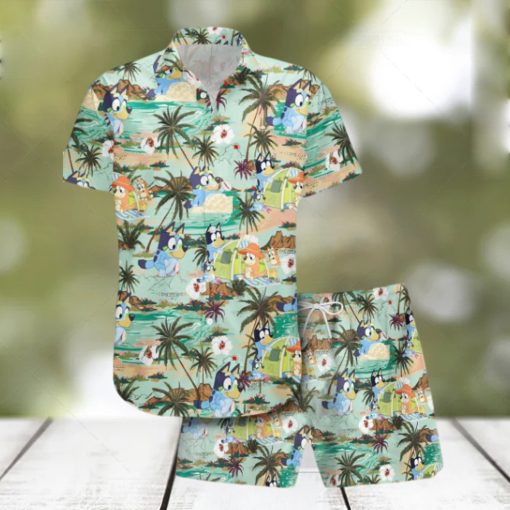 Men’s Bluey Hawaiian Shirt Shorts Set Lush Green Island Design