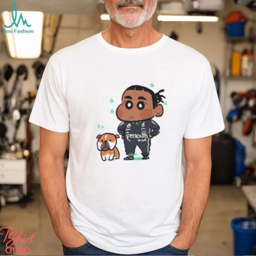 Mercedes AMG F1 Driver Lewis Hamilton And His Dog Roscoe In The Style Of Crayon Shin Chan Unisex T shirt