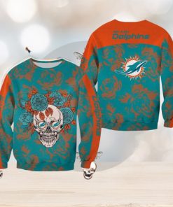 Miami Dolphins Skull And Rose Pattern Noel Halloween Ugly Sweater For Men And Women Gift Christmas