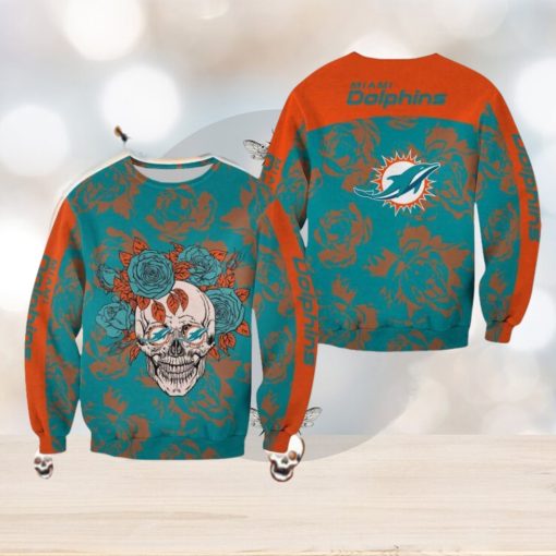 Miami Dolphins Skull And Rose Pattern Noel Halloween Ugly Sweater For Men And Women Gift Christmas