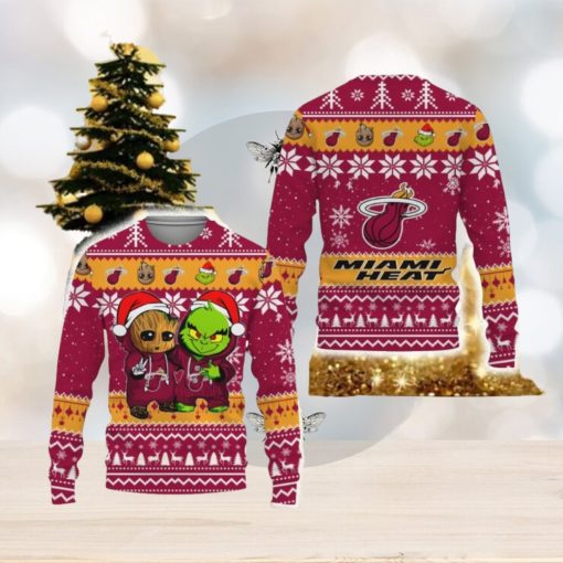 Miami Heat Baby Groot And Grinch Best Friends Football American New 3D Sweater Gift Ugly Christmas