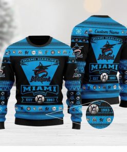 Miami Marlins Football Team Logo Custom Name Personalized Ugly Christmas Sweater Christmas Gift For Big Fans