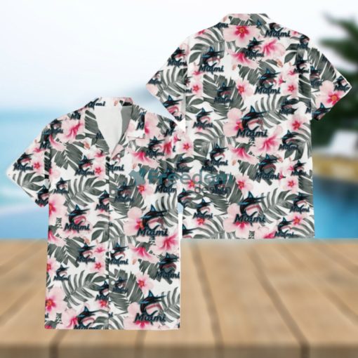 Miami Marlins White Hibiscus Green Leaf White Background 3D Hawaiian Shirt Gift For Fans