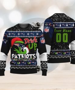 NFL Grinch Drink Up New England Patriots Custom Name And Number Ugly Christmas Sweater Christmas Gift