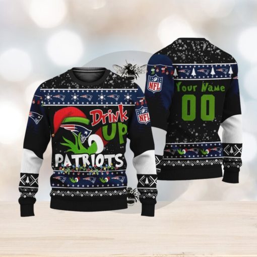 NFL Grinch Drink Up New England Patriots Custom Name And Number Ugly Christmas Sweater Christmas Gift