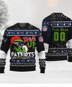 NFL Grinch Drink Up New England Patriots Custom Name And Number Ugly Christmas Sweater Christmas Gift