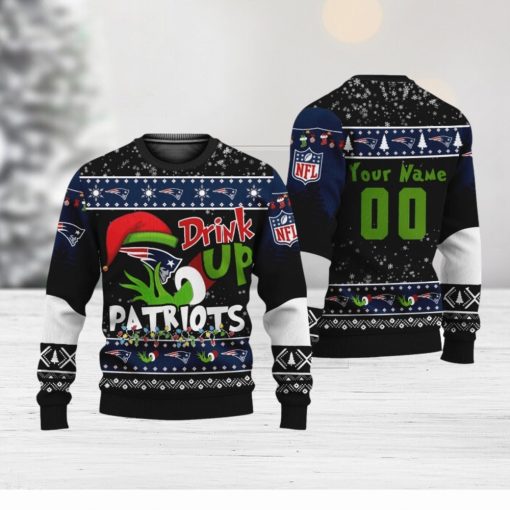 NFL Grinch Drink Up New England Patriots Custom Name And Number Ugly Christmas Sweater Christmas Gift