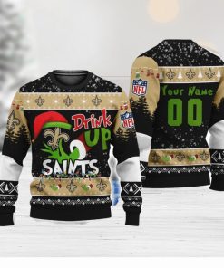 NFL Grinch Drink Up New Orleans Saints Custom Name And Number Ugly Christmas Sweater Christmas Gift