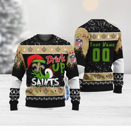 NFL Grinch Drink Up New Orleans Saints Custom Name And Number Ugly Christmas Sweater Christmas Gift