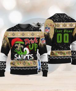 NFL Grinch Drink Up New Orleans Saints Custom Name And Number Ugly Christmas Sweater Christmas Gift