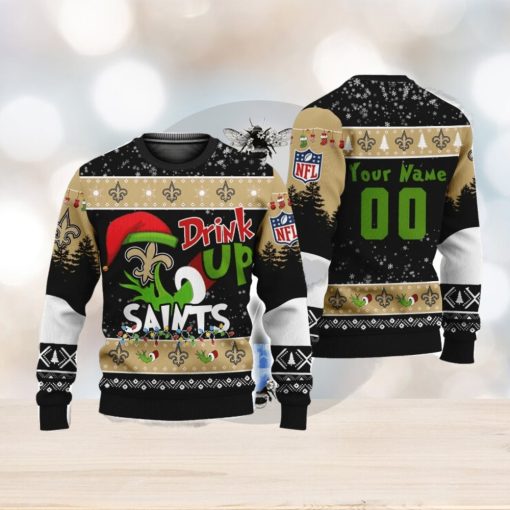 NFL Grinch Drink Up New Orleans Saints Custom Name And Number Ugly Christmas Sweater Christmas Gift