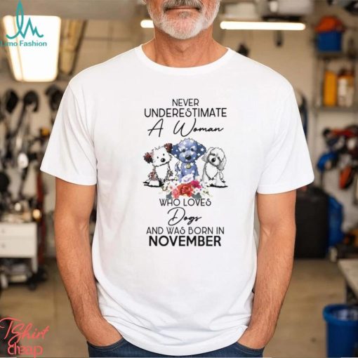 Never Underestimate a woman who loves dogs and was born in november shirt