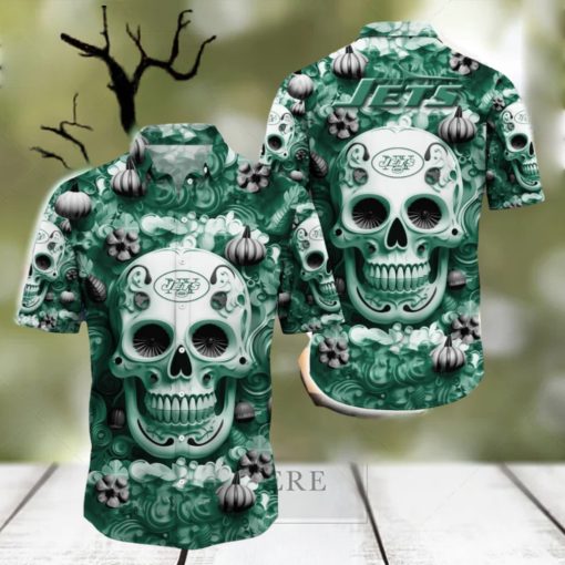 New York Jets Halloween Pumpkin Skull 3D Hawaiian Shirt For Fans Gift Christmas Men And Women