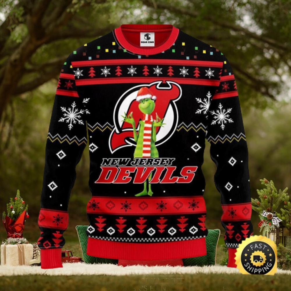 For NHL Fans New Jersey Devils Grinch Hand Funny Christmas Gift Ugly  Christmas Sweater