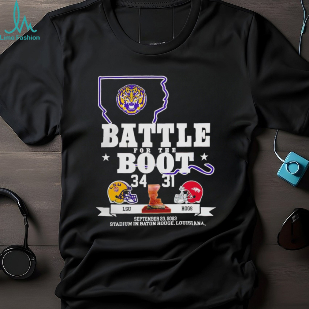Nice Arkansas Razorback vs LSU Tigers Battle for the boot 2023 final score shirt Nice Arkansas Razorback vs LSU Tigers Battle for the boot 2023 final score shirt