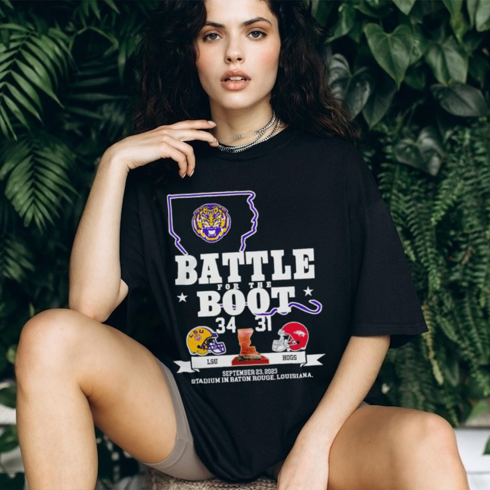 Nice Arkansas Razorback vs LSU Tigers Battle for the boot 2023 final score shirt Nice Arkansas Razorback vs LSU Tigers Battle for the boot 2023 final score shirt