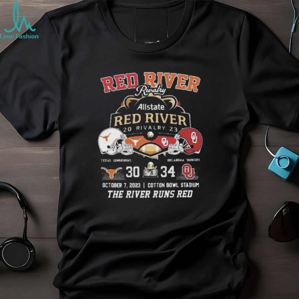 Official Allstate 2023 red river rivalry Oklahoma sooners the river runs red 34 october 7 T shirt Official Allstate 2023 red river rivalry Oklahoma sooners the river runs red 34 october 7 T shirt