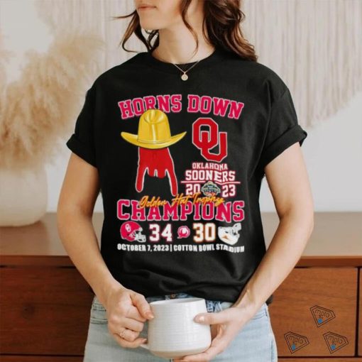 Oklahoma Sooners vs Texas Longhorns 34 30 Horns Down Golden Hat Trophy Champions 2023 Shirt