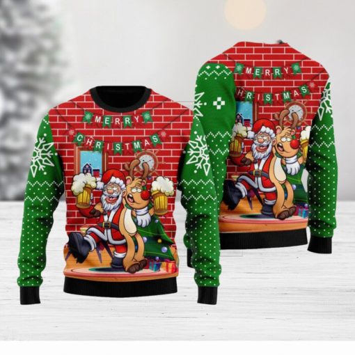 Oktoberfest Funny Santa Drink Beer With Reindeer  Ugly Sweater