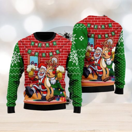 Oktoberfest Funny Santa Drink Beer With Reindeer  Ugly Sweater