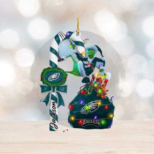 Philadelphia Eagles NFL Custom Name Grinch Candy Cane 2 Side Christmas Ornament