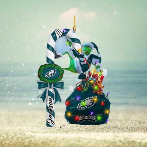 Philadelphia Eagles NFL Custom Name Grinch Candy Cane 2 Side Christmas Ornament