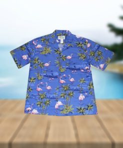 Pink Flamingo Island Blue Cotton Poplin Men's Hawaiian Shirt