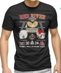 Red River Rivalry Texas Vs Oklahoma Golden Hat Trophy Champions Texas Longhorns 30 Oklahoma Sooners 34 October 7 2023 Cotton Bowl Stadium Shirt