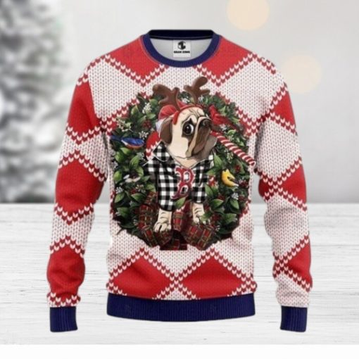 Reindeer Pug Dog Boston Red Sox Christmas Ugly Sweater