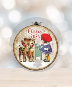 Retro Reindeer Christmas card ornament, vintage style Christmas decorations for tree, Baby deer ornament for toddlers and kids   MA 1337