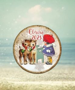 Retro Reindeer Christmas card ornament, vintage style Christmas decorations for tree, Baby deer ornament for toddlers and kids   MA 1337