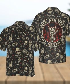 Rock And Roll Will Never Die Hawaiian Shirt Electric Guitar Skull And Crossbones Apparel Men’s Gift Halloween