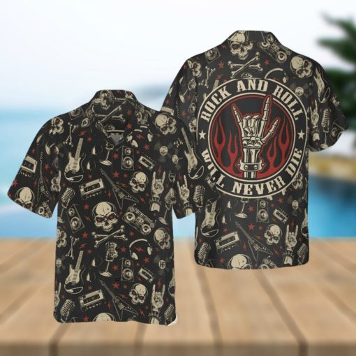 Rock And Roll Will Never Die Hawaiian Shirt Electric Guitar Skull And Crossbones Apparel Men’s Gift Halloween