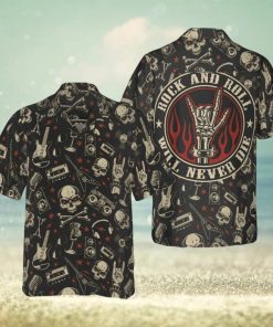 Rock And Roll Will Never Die Hawaiian Shirt Electric Guitar Skull And Crossbones Apparel Men’s Gift Halloween