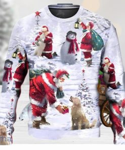 Santa Claus Chilling With Animal Snowman Happy Xmas Art Style Ugly Christmas Sweater Unique Gift