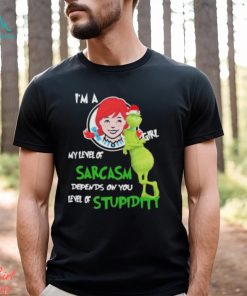 Santa Grinch Wendy’s I’m a girl my level of sarcasm depends on your level of stupidity Christmas shirt