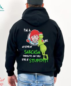 Santa Grinch Wendy’s I’m a girl my level of sarcasm depends on your level of stupidity Christmas shirt