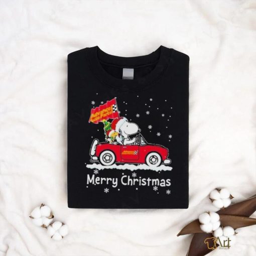 Santa Snoopy And Woodstock Driving Car Advance Auto Parts Merry Christmas Shirt