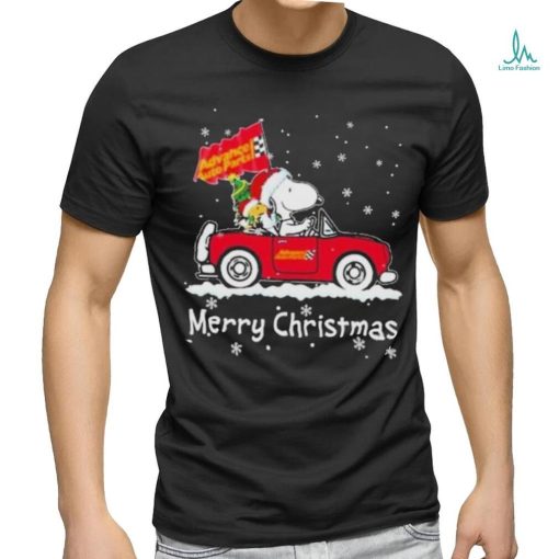 Santa Snoopy And Woodstock Driving Car Advance Auto Parts Merry Christmas Shirt