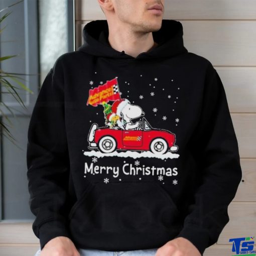 Santa Snoopy And Woodstock Driving Car Advance Auto Parts Merry Christmas Shirt