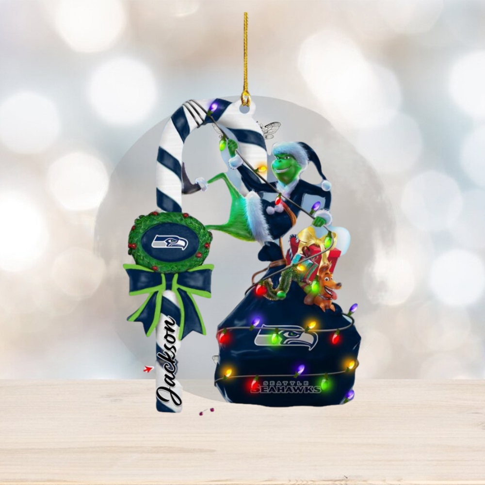 Seattle Seahawks NFL Custom Name Grinch Candy Cane Ornament 2 Side Seattle Seahawks NFL Custom Name Grinch Candy Cane Ornament 2 Side